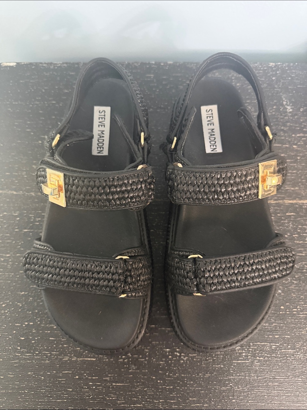Steve Madden womens Black Braided Strap Sandals with Gold Accents